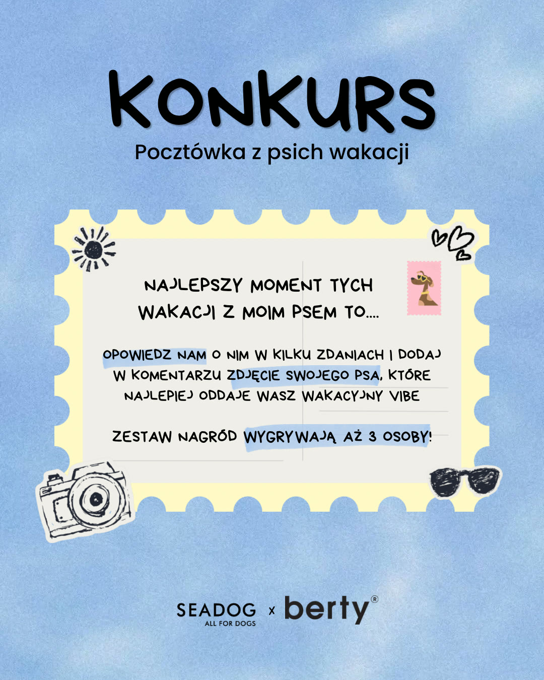 Post konkursowy SEADOG × berty „Pocztówka z psich wakacji”: opowiedz w komentarzu o najlepszym momencie wakacji z psem i dodaj jego zdjęcie, zestaw nagród wygrywają 3 osoby