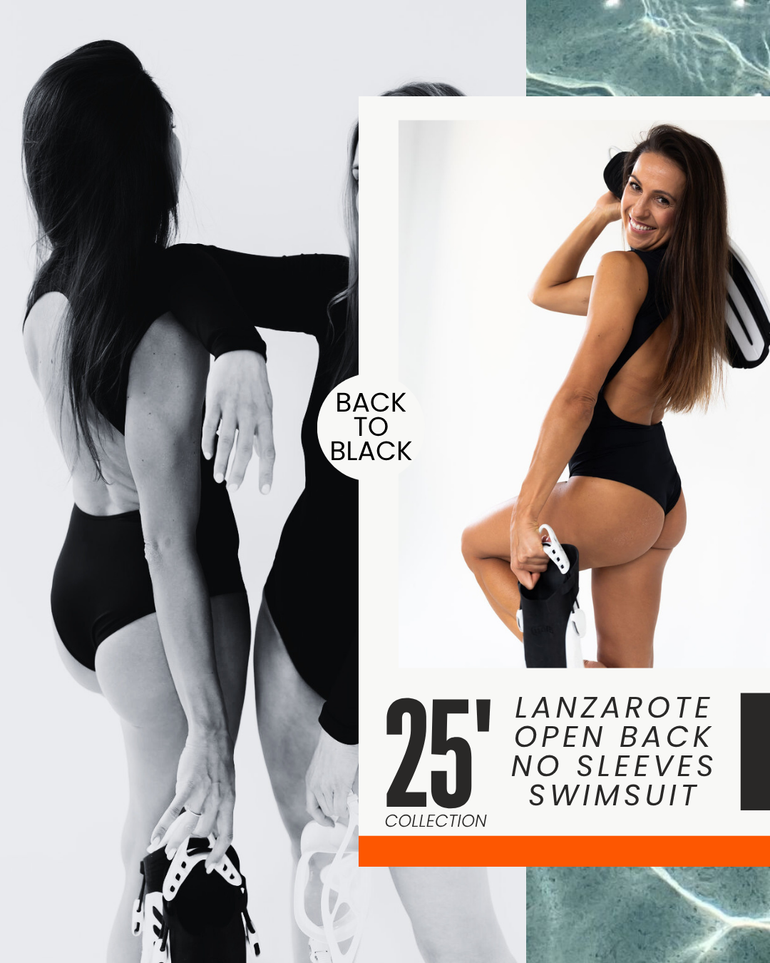 Kolaż zdjęć modelki w czarnym stroju kąpielowym, z detalami produktu i napisami kolekcji